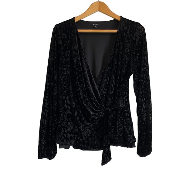Alfani Black Velvet Burnout Surplice Wrap Top long sleeve solid stretch XLp - Picture 1 of 7